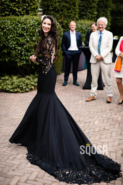 Mermaid/Trumpet Wedding Dress Chic Appliques Long Sleeves Black Wedding Gowns QW2451|SQOSA