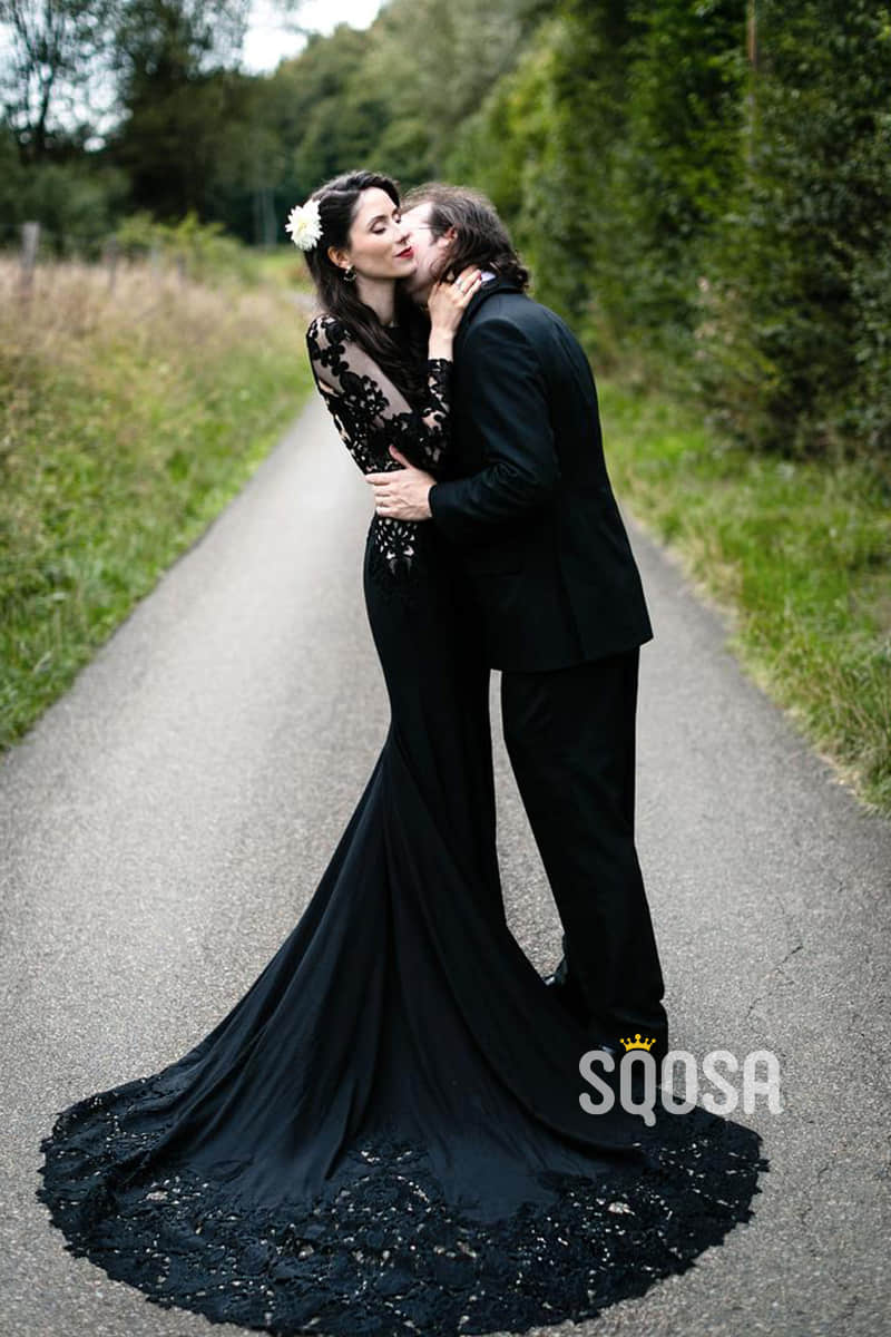 Mermaid/Trumpet Wedding Dress Chic Appliques Long Sleeves Black Wedding Gowns QW2451