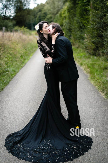 Mermaid/Trumpet Wedding Dress Chic Appliques Long Sleeves Black Wedding Gowns QW2451