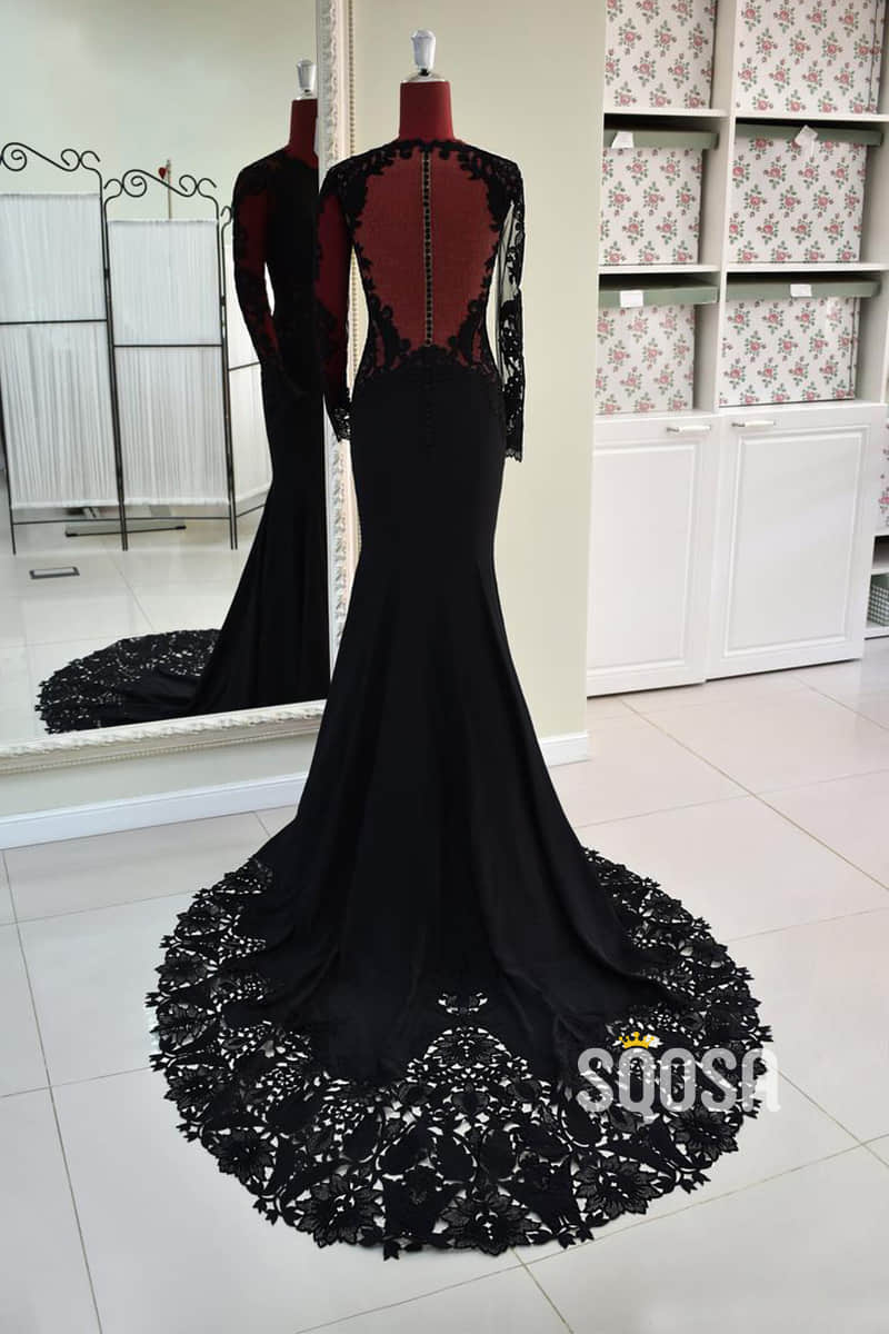 Mermaid/Trumpet Wedding Dress Chic Appliques Long Sleeves Black Wedding Gowns QW2451|SQOSA