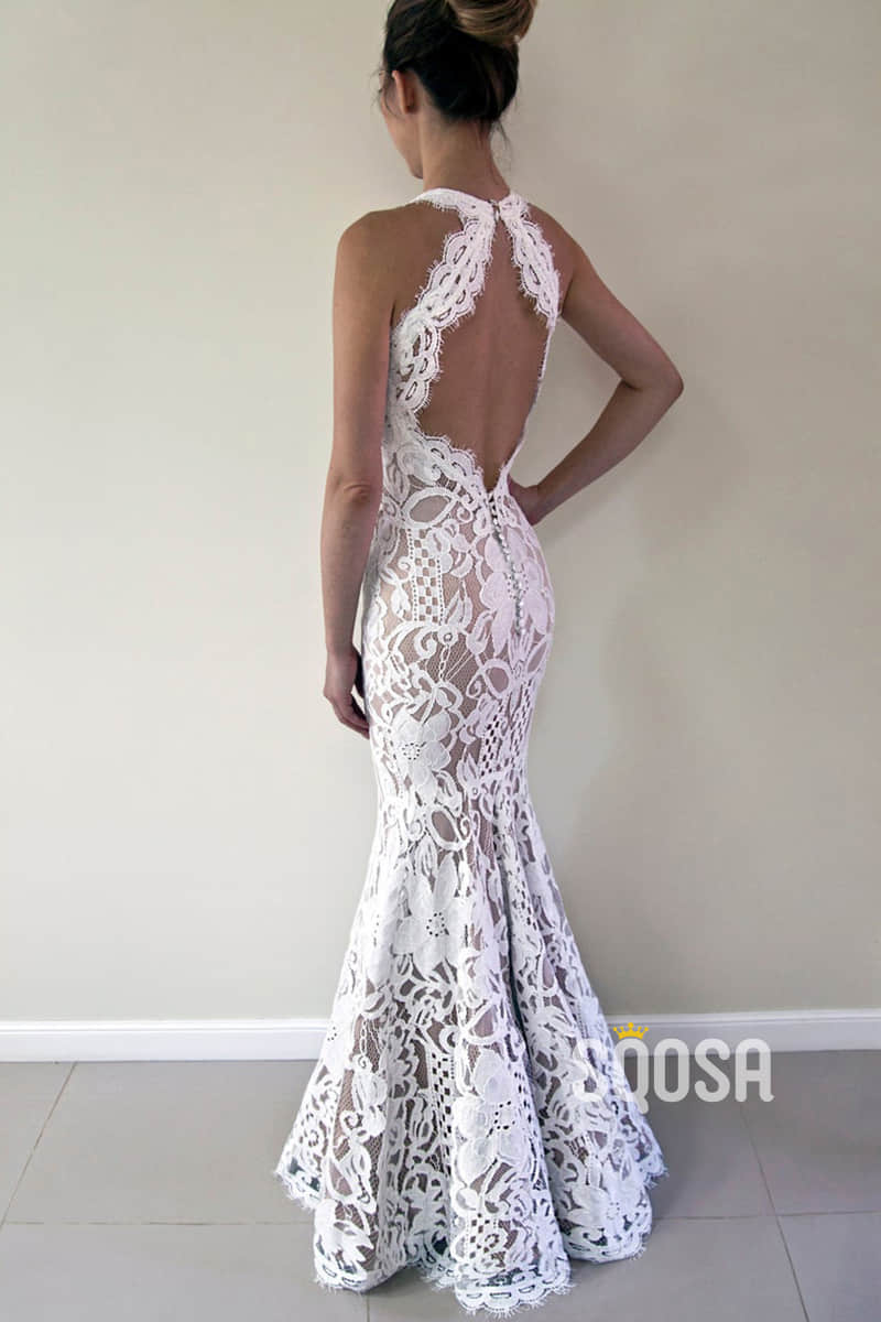 Unique Bateau Neckline Lace Mermaid Wedding Dress QW2452|SQOSA
