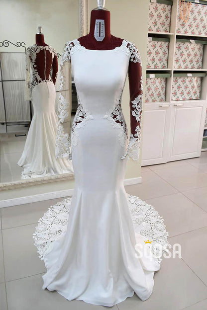 Mermaid Wedding Dress Chic Lace Appliques Long Sleeves Country Wedding Gown QW2453|SQOSA