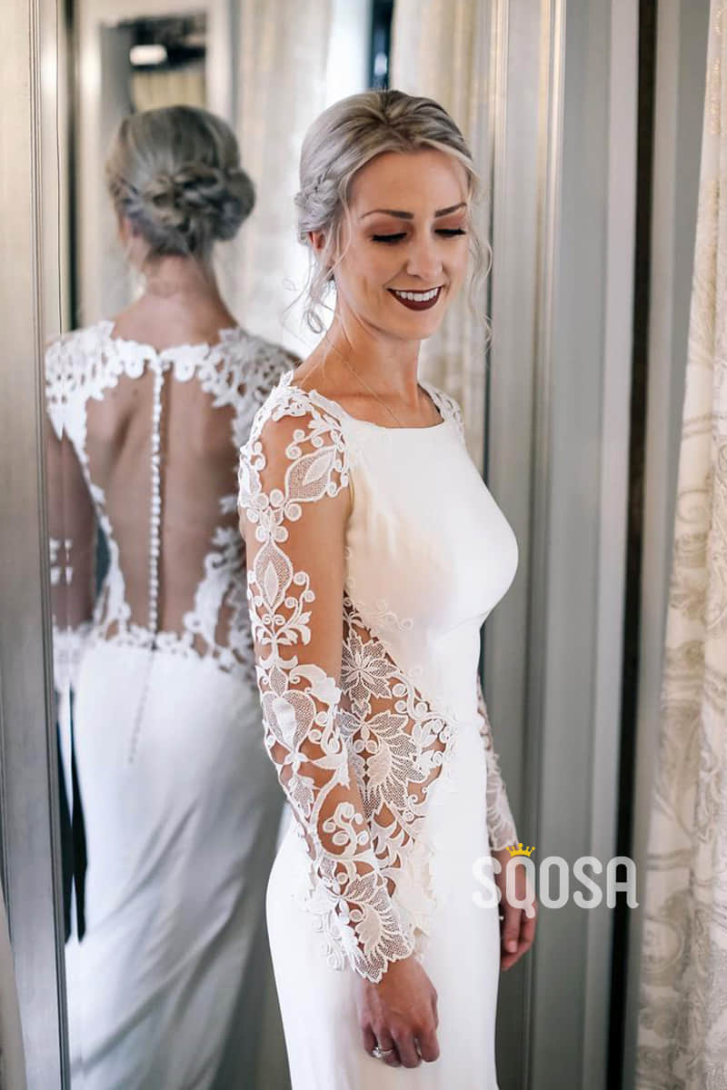 Mermaid Wedding Dress Chic Lace Appliques Long Sleeves Country Wedding Gown QW2453|SQOSA