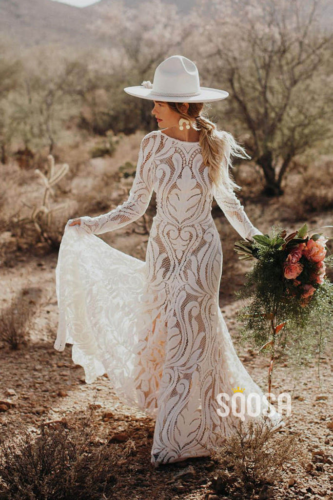 Sexy Backless Luxury Lace Long Sleeves Bohemian Wedding Dress QW2458|SQOSA