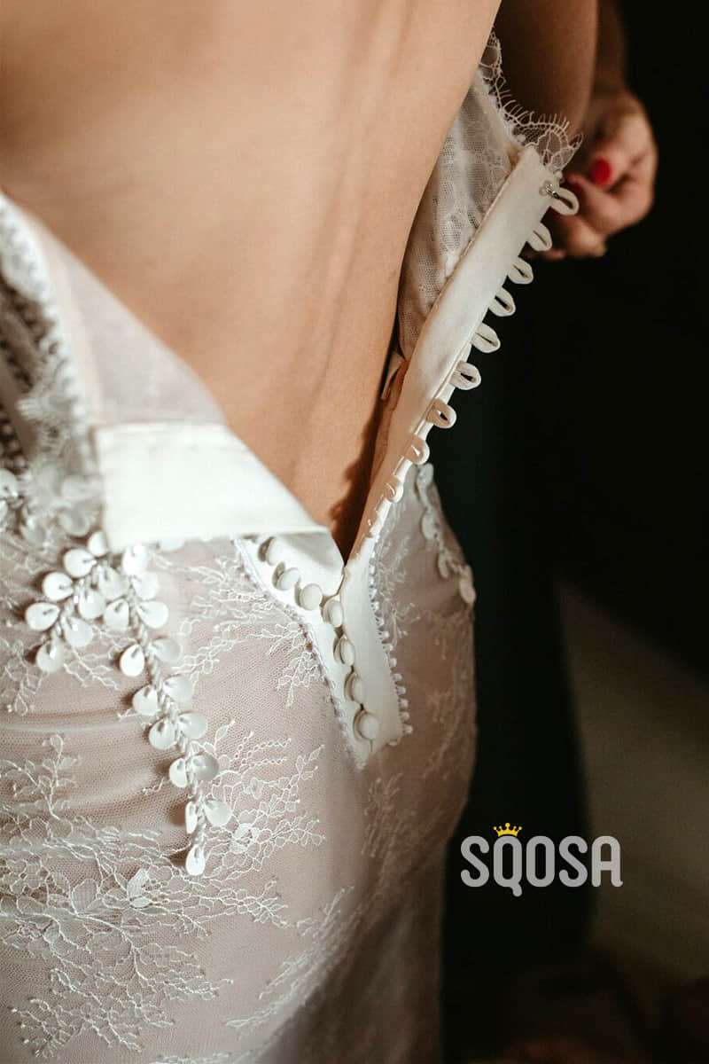 Unique Spaghetti Straps Chic Appliques Lace Wedding Dress QW2463|SQOSA