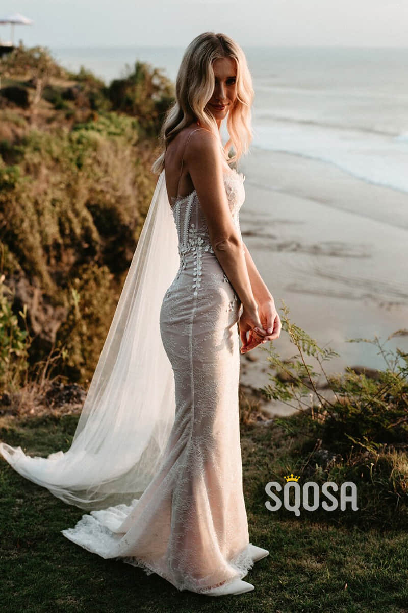 Unique Spaghetti Straps Chic Appliques Lace Wedding Dress QW2463|SQOSA