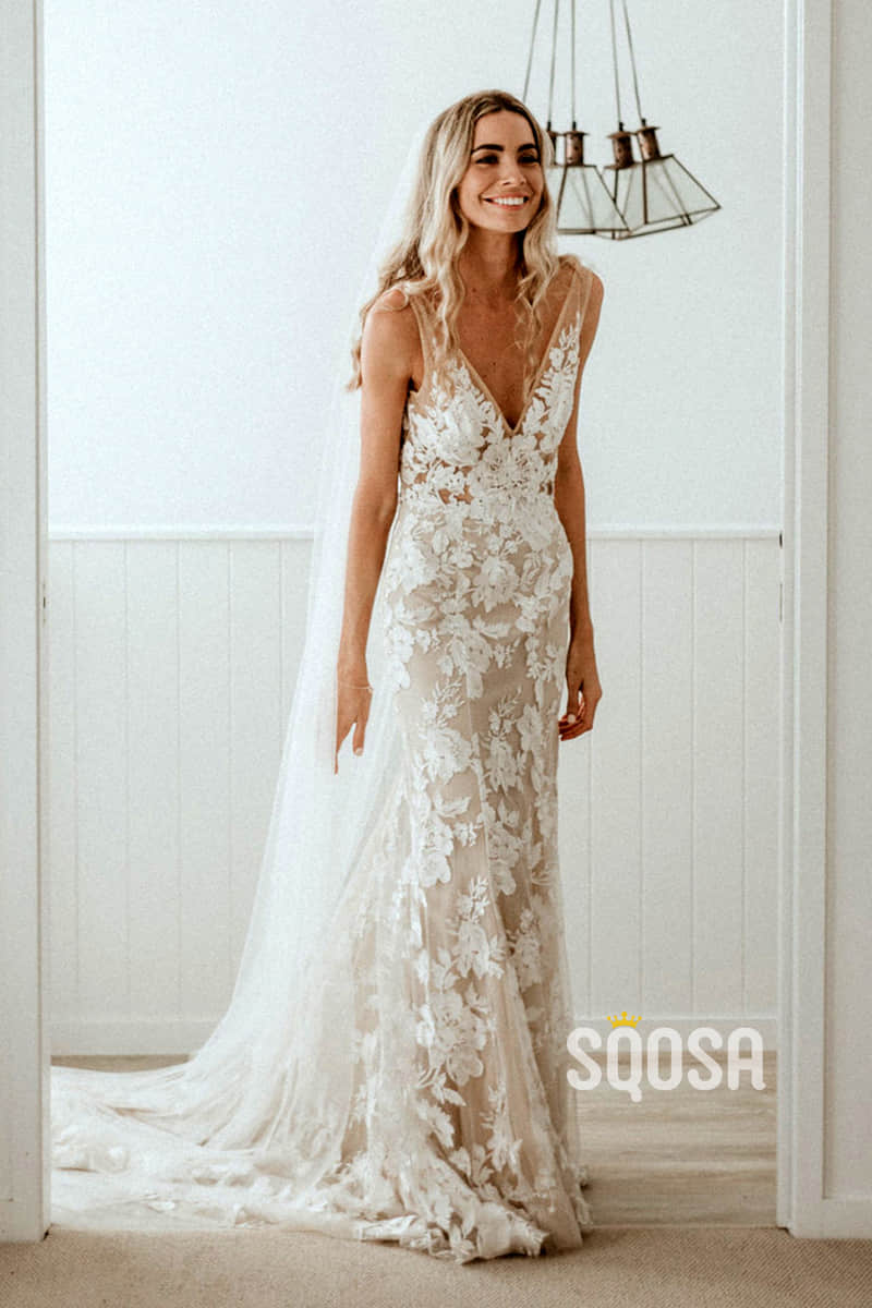 Attractive V-neck Exquisite Lace Wedding Dress Bridal Gown QW2464|SQOSA