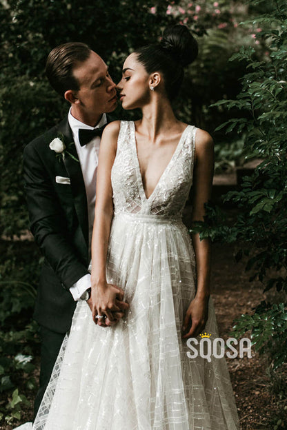 Sexy V-neck Chic Appliques Sparkly Wedding Dress Bridal Dress QW2466|SQOSA