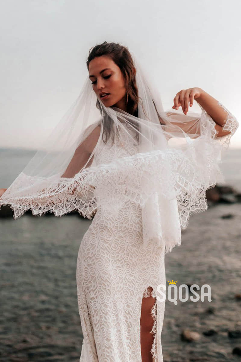 Unique Bateau High Split Exquisite Lace Bohemian Wedding Dress QW2471|SQOSA