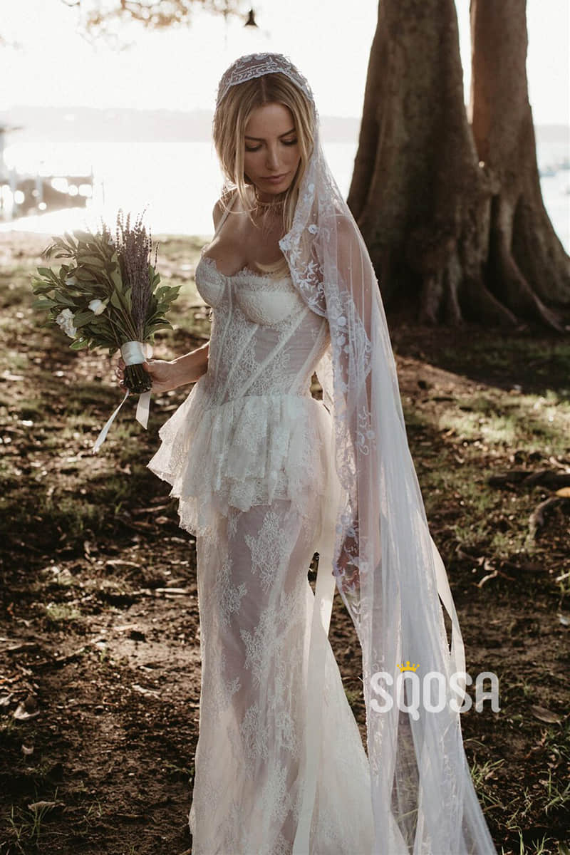 Sheath/Column Sweetheart Illusion Lace Bohemian Wedding Dress QW2474|SQOSA