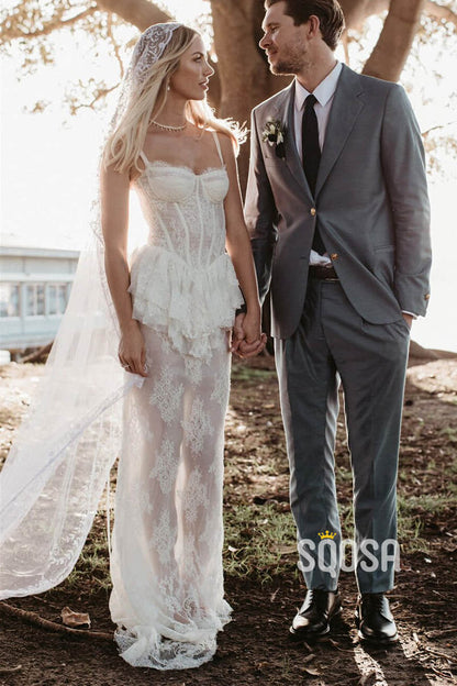 Sheath/Column Sweetheart Illusion Lace Bohemian Wedding Dress QW2474|SQOSA