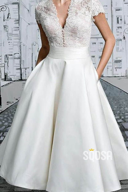 Sexy V-neck Cap Sleeves Lace Bodice Tea Length Beach Wedding Dress with Pockets QW2477|SQOSA