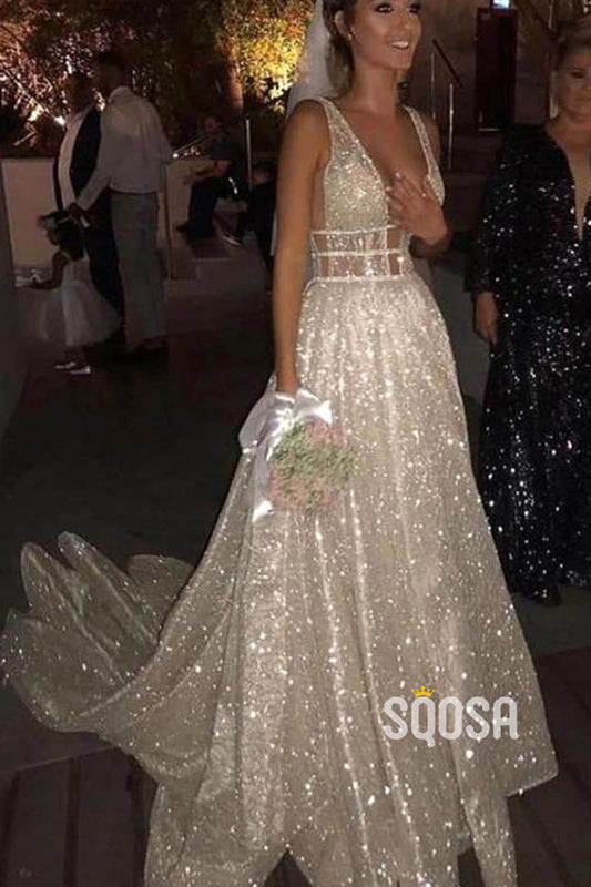 Attractive V-neck Sparkly A-line Wedding Dress QW2479|SQOSA
