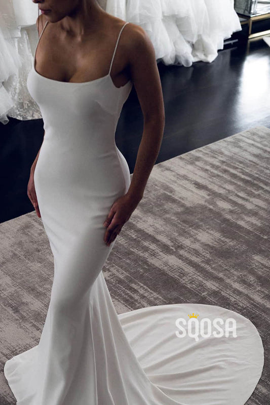 Unique Scoop Elastic Satin Simple Wedding Dress Open Backless|SQOSA