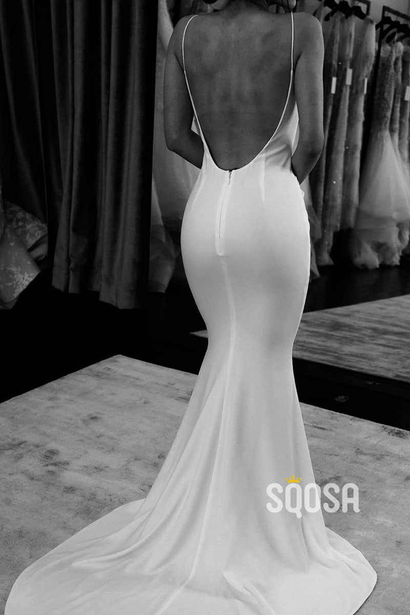 Unique Scoop Elastic Satin Simple Wedding Dress Open Backless|SQOSA