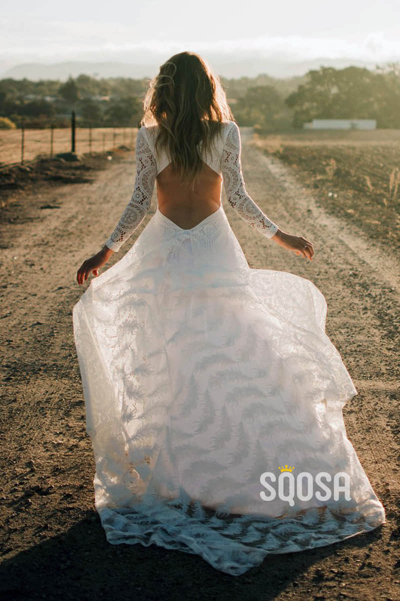 Ivory Exquisite Lace Long Sleeves Bohemian Wedding Dress Backless QW2486|SQOSA