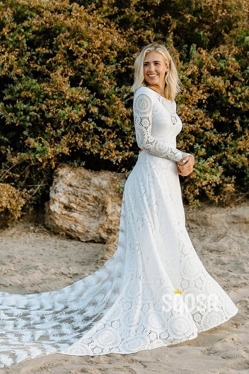 Ivory Exquisite Lace Long Sleeves Bohemian Wedding Dress Backless QW2486|SQOSA
