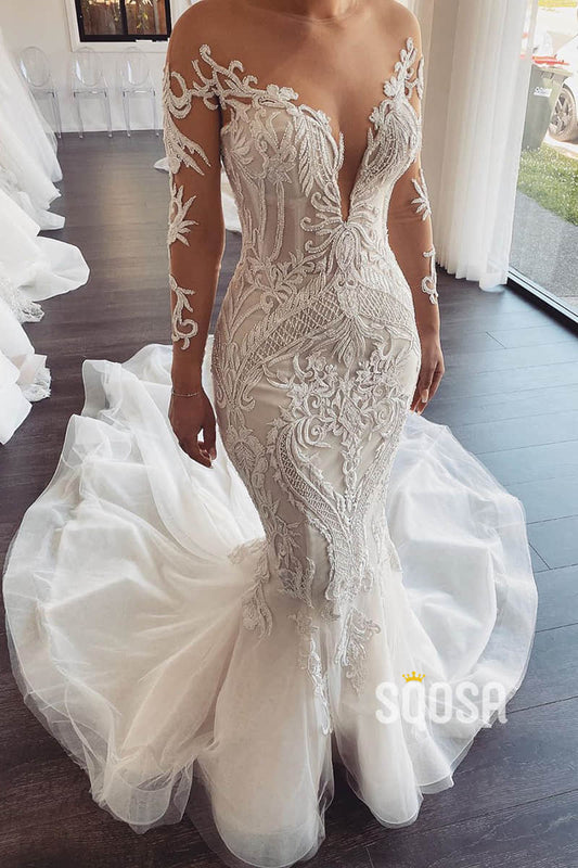 Unique Illusion Neckline Luxury Lace Appliques Mermaid Wedding Dress QW2487|SQOSA