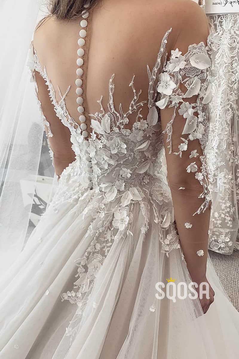 Ivory 3D Lace Sexy Illusion Neckline Long Sleeves Rustic Wedding Dress QW2488|SQOSA