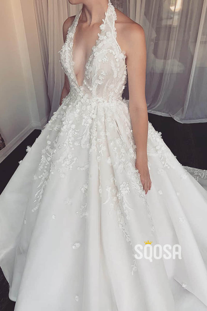 Attractive V-neck 3D Lace Wedding Dress Bridal Gown QW2489|SQOSA