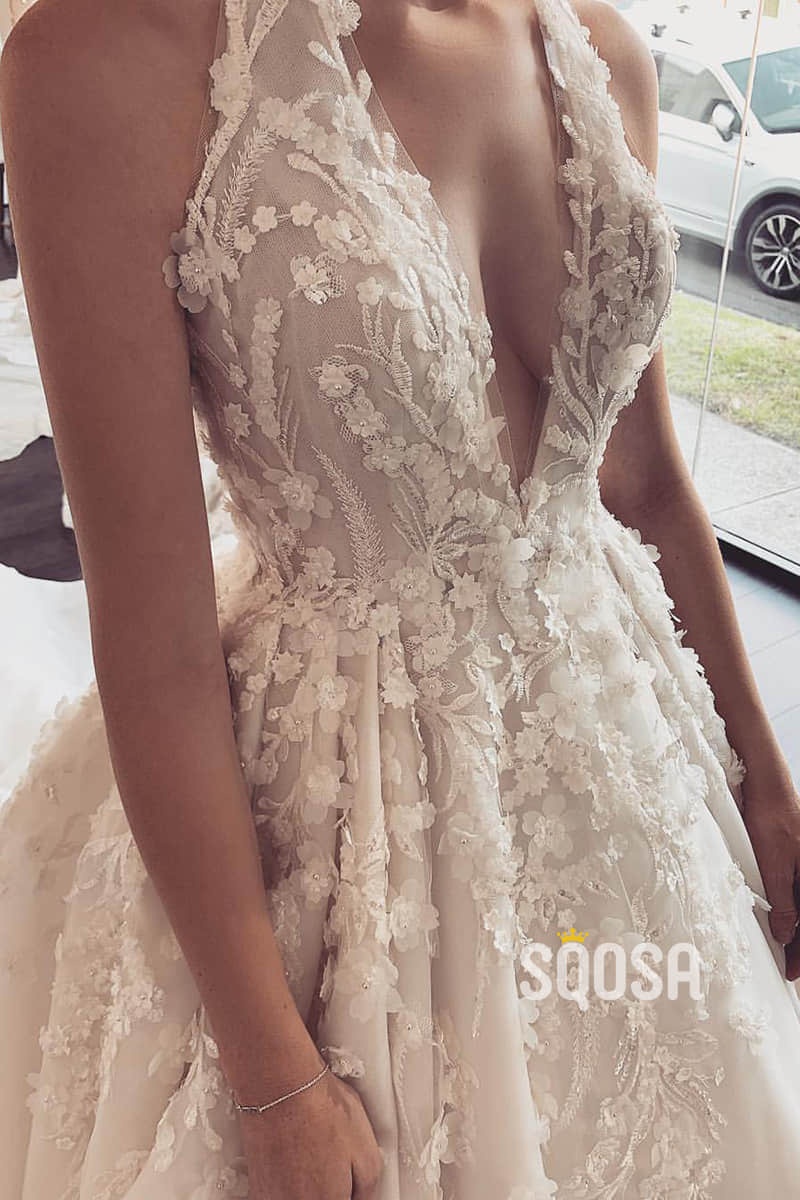 Attractive V-neck 3D Lace Wedding Dress Bridal Gown QW2489|SQOSA