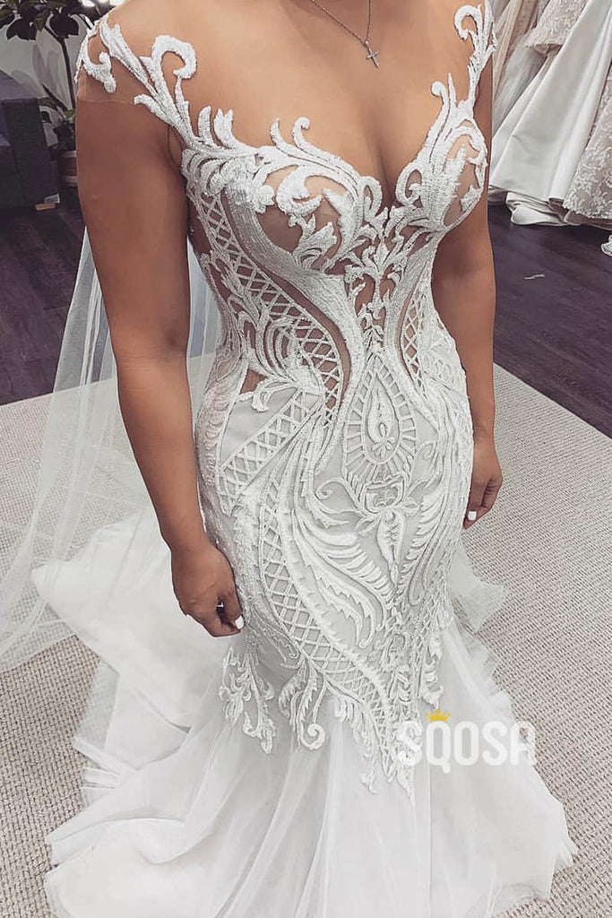 Unique Cap Sleeves Luxury Lace Appliques Mermaid Wedding Dress QW2491|SQOSA