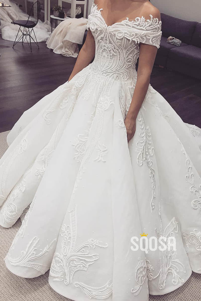 Ball Gown Unique Off-Shoulder Luxury Lace Wedding Dress QW2492|SQOSA