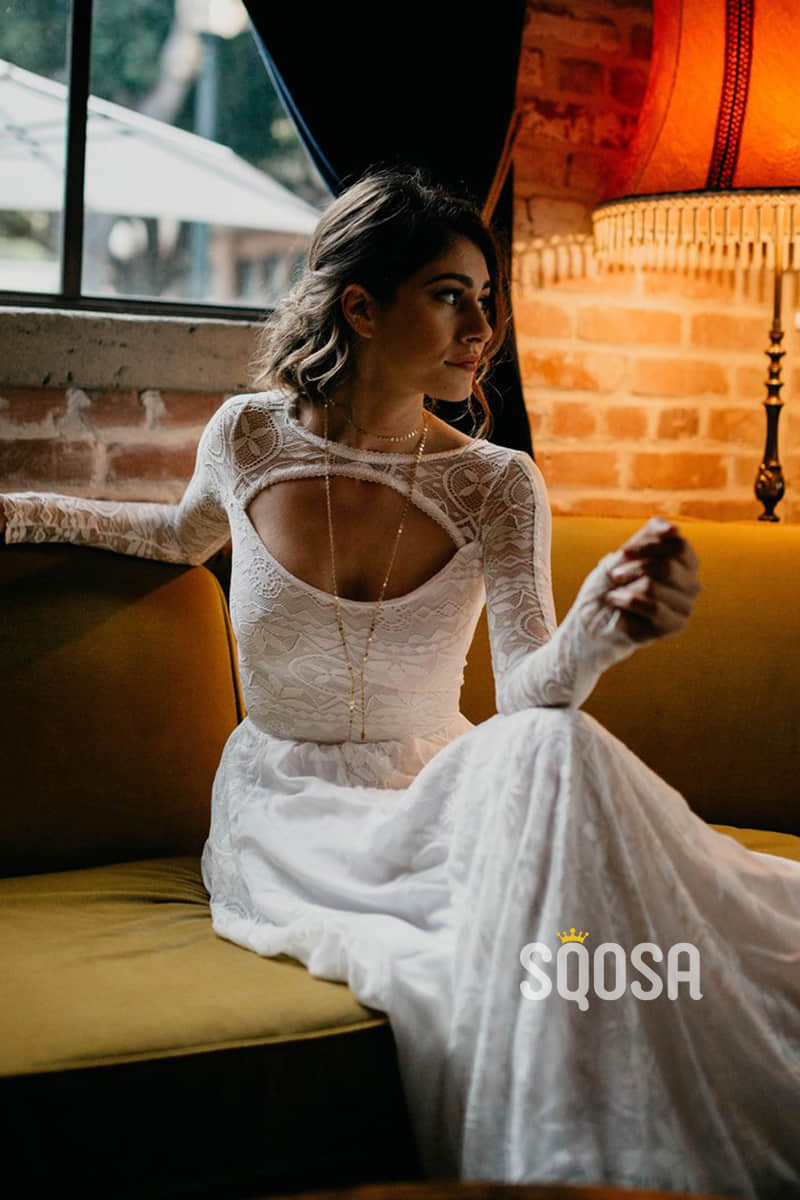 Ivory Exquisite Lace Long Sleeves Bohemian Wedding Dress QW2493|SQOSA