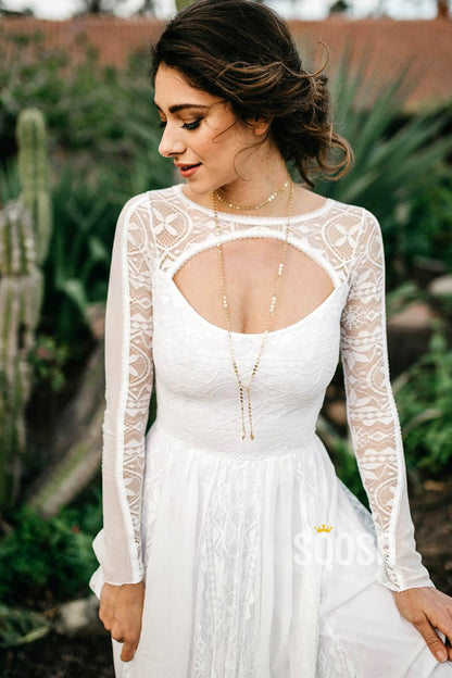 Ivory Exquisite Lace Long Sleeves Bohemian Wedding Dress QW2493|SQOSA