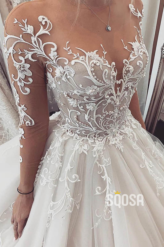 Unique Lace Appliques Long Sleeves A-Line Wedding Dress QW2496|SQOSA
