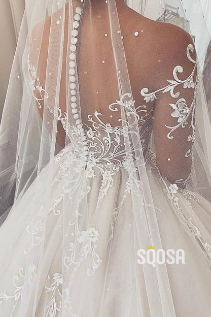 Unique Lace Appliques Long Sleeves A-Line Wedding Dress QW2496|SQOSA