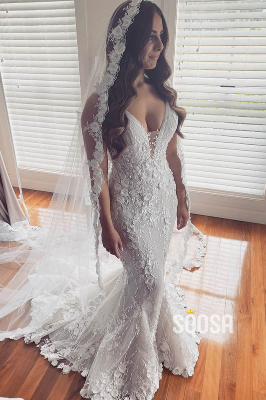 Attractive V-neck Ivory 3D Lace Mermaid Wedding Dress QW2497|SQOSA