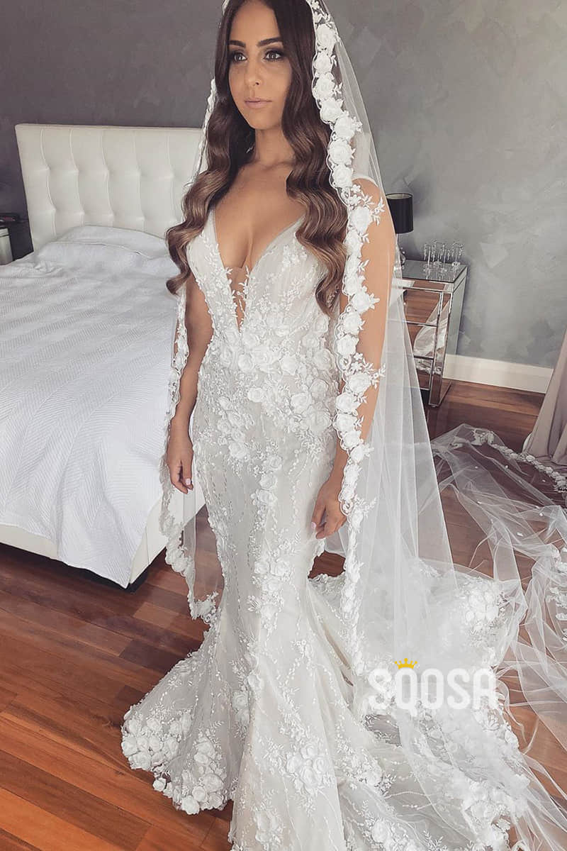 Attractive V-neck Ivory 3D Lace Mermaid Wedding Dress QW2497|SQOSA