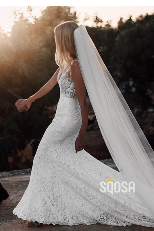 Sexy V-neck Ivory Lace Mermaid Wedding Dress Backless QW2499|SQOSA