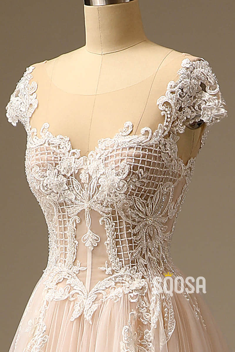 Exquisite Lace Wedding Dress Unique Cap Sleeves A-line Wedding Gown QW2503|SQOSA