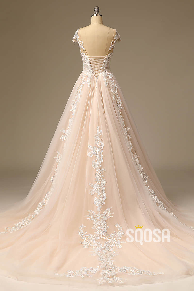 Exquisite Lace Wedding Dress Unique Cap Sleeves A-line Wedding Gown QW2503|SQOSA