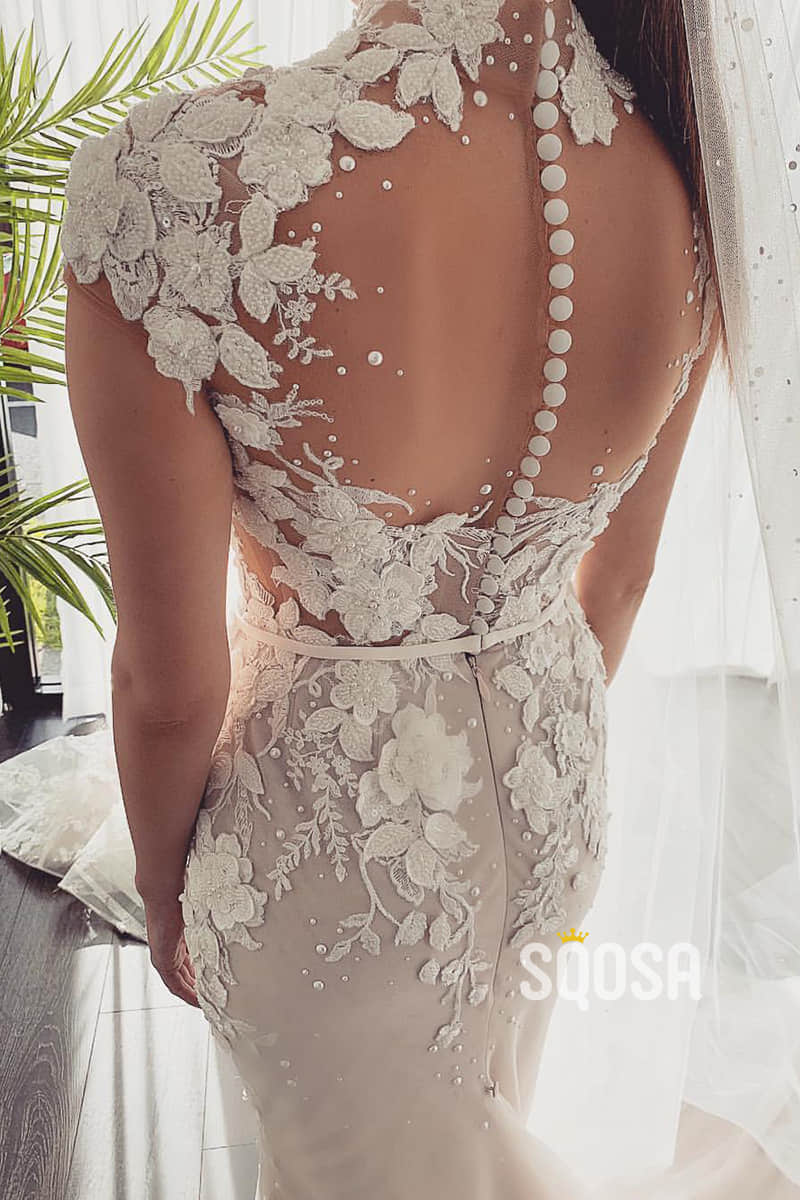 Unique High Neck 3D Lace Wedding Dress Mermaid Gown QW2505|SQOSA