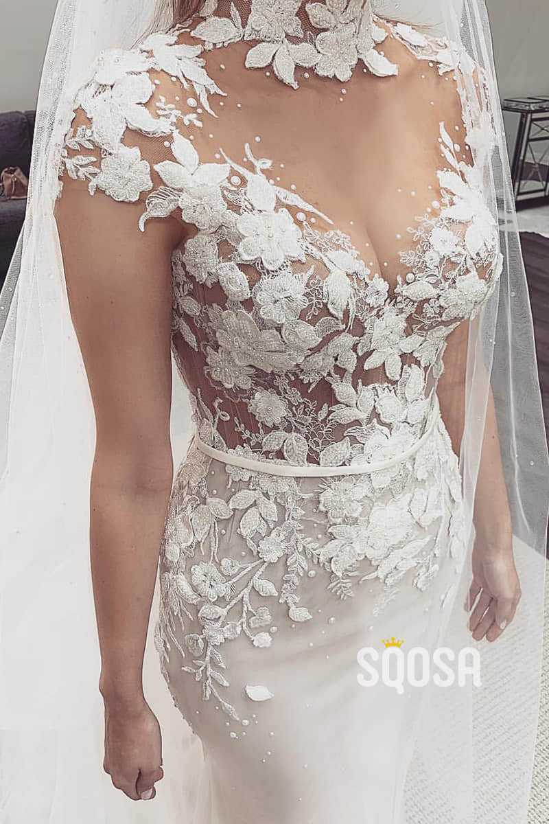 Unique High Neck 3D Lace Wedding Dress Mermaid Gown QW2505|SQOSA