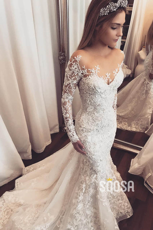 Unique Illusion Neckline Long Sleeves Luxury Lace Wedding Dress Mermaid Gown QW2506|SQOSA