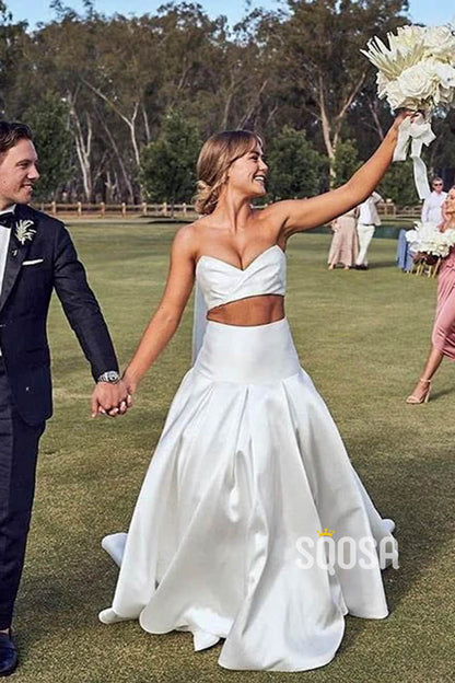 Ivory Satin Sweetheart Two-Piece Beach Wedding Dress QW2521|SQOSA