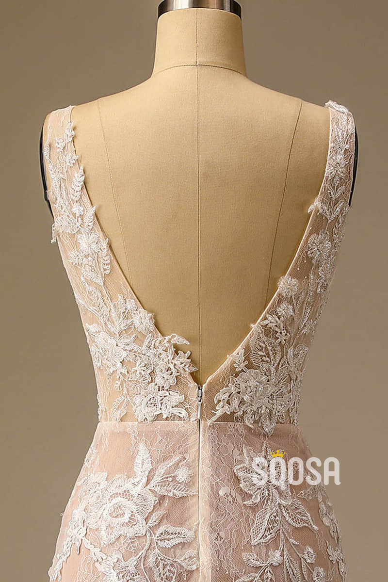 Exquisite Champagne Lace Wedding Dress V-neck Appliques Mermaid Wedding Gown QW2539|SQOSA