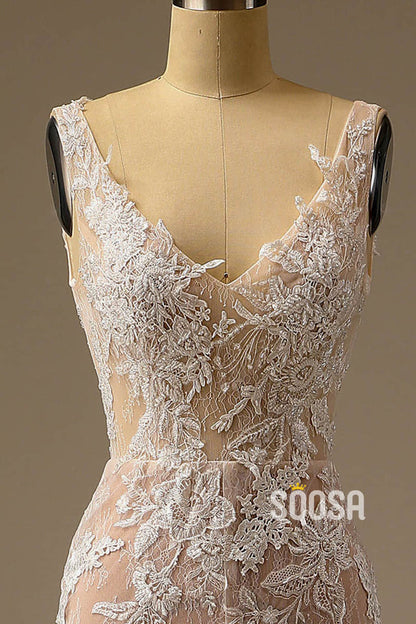 Exquisite Champagne Lace Wedding Dress V-neck Appliques Mermaid Wedding Gown QW2539|SQOSA