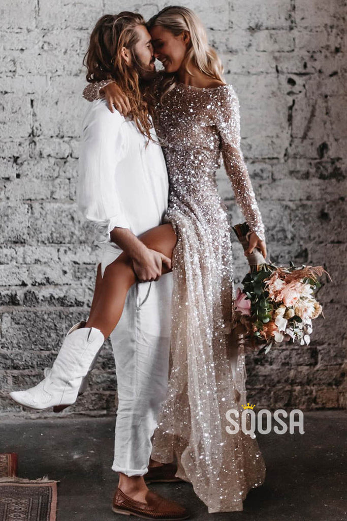 Unique Scoop Shiny Sequins Long Sleeves Bohemian Wedding Dress QW2540|SQOSA