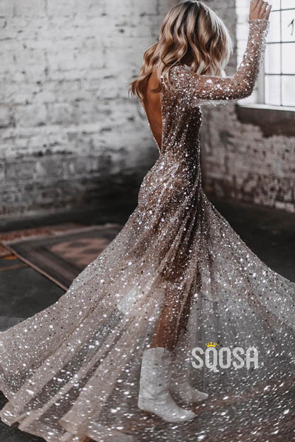 Unique Scoop Shiny Sequins Long Sleeves Bohemian Wedding Dress QW2540|SQOSA