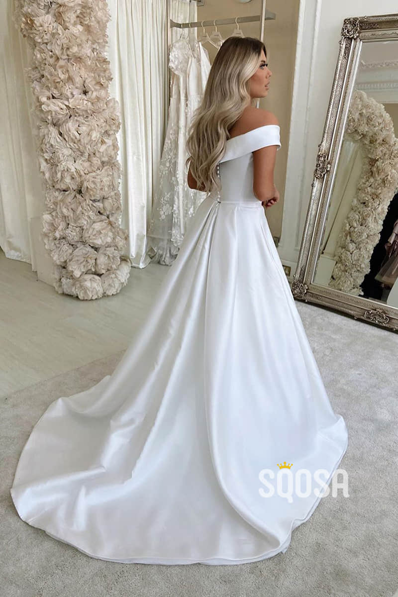 Unique Off-Shoulder Ivory Satin Simple A-line Wedding Dress QW2541|SQOSA