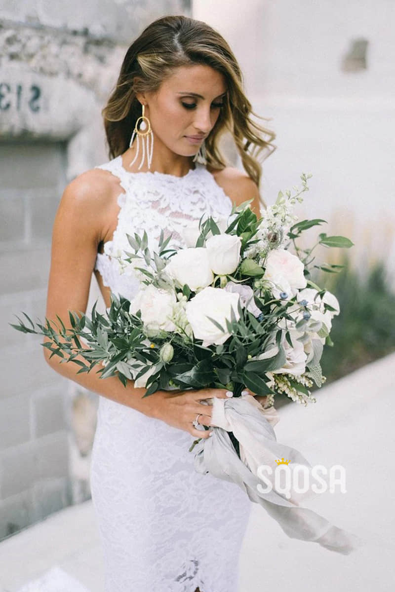 Unique Jewel Exquisite Ivory Lace Bohemian Wedding Dress with Slit QW2550|SQOSA