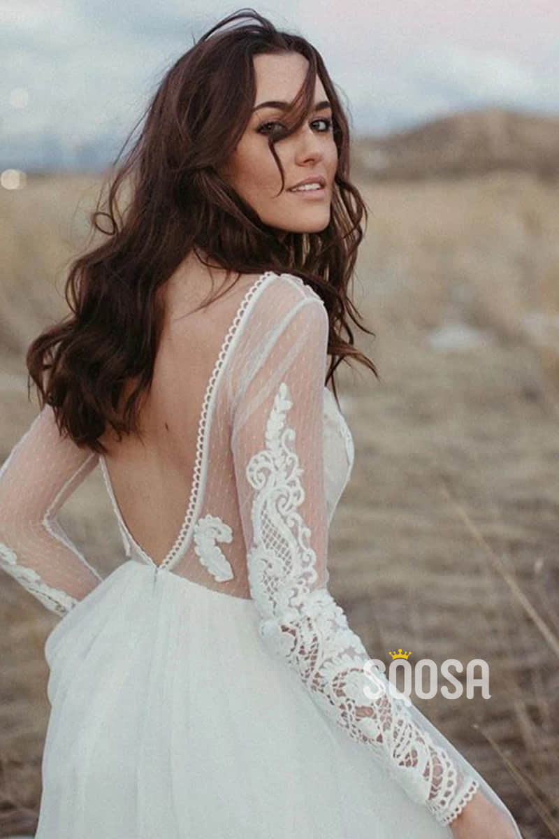 Unique Scoop Lace Appliques Long Sleeves Bohemian Wedding Dress Backless QW2551|SQOSA