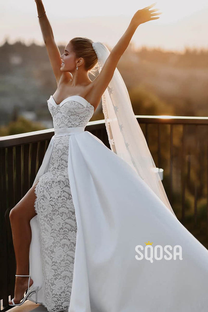 Sweetheart Exquisite Lace Wedding Dress with Slit Bohemian Wedding Gown QW2555|SQOSA
