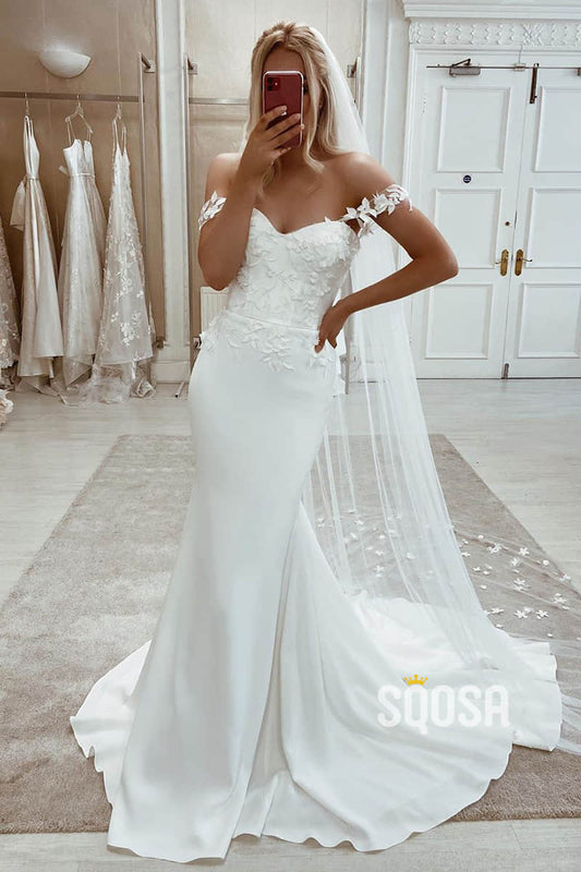 Unique Off-Shoulder Chic Appliques Mermaid Wedding Dress QW2556|SQOSA