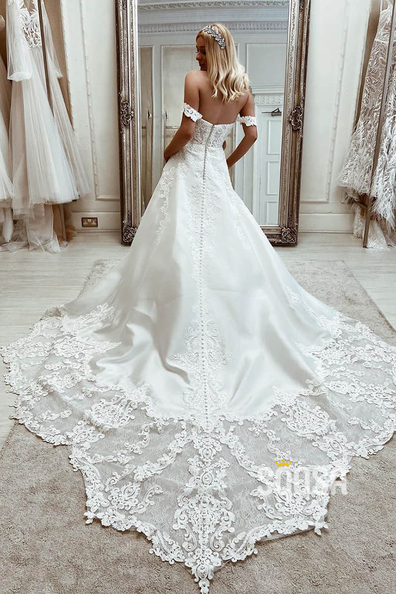 Unique Off-Shoulder Exquisite Lace Appliques A-line Wedding Dress with Court Train QW2557|SQOSA